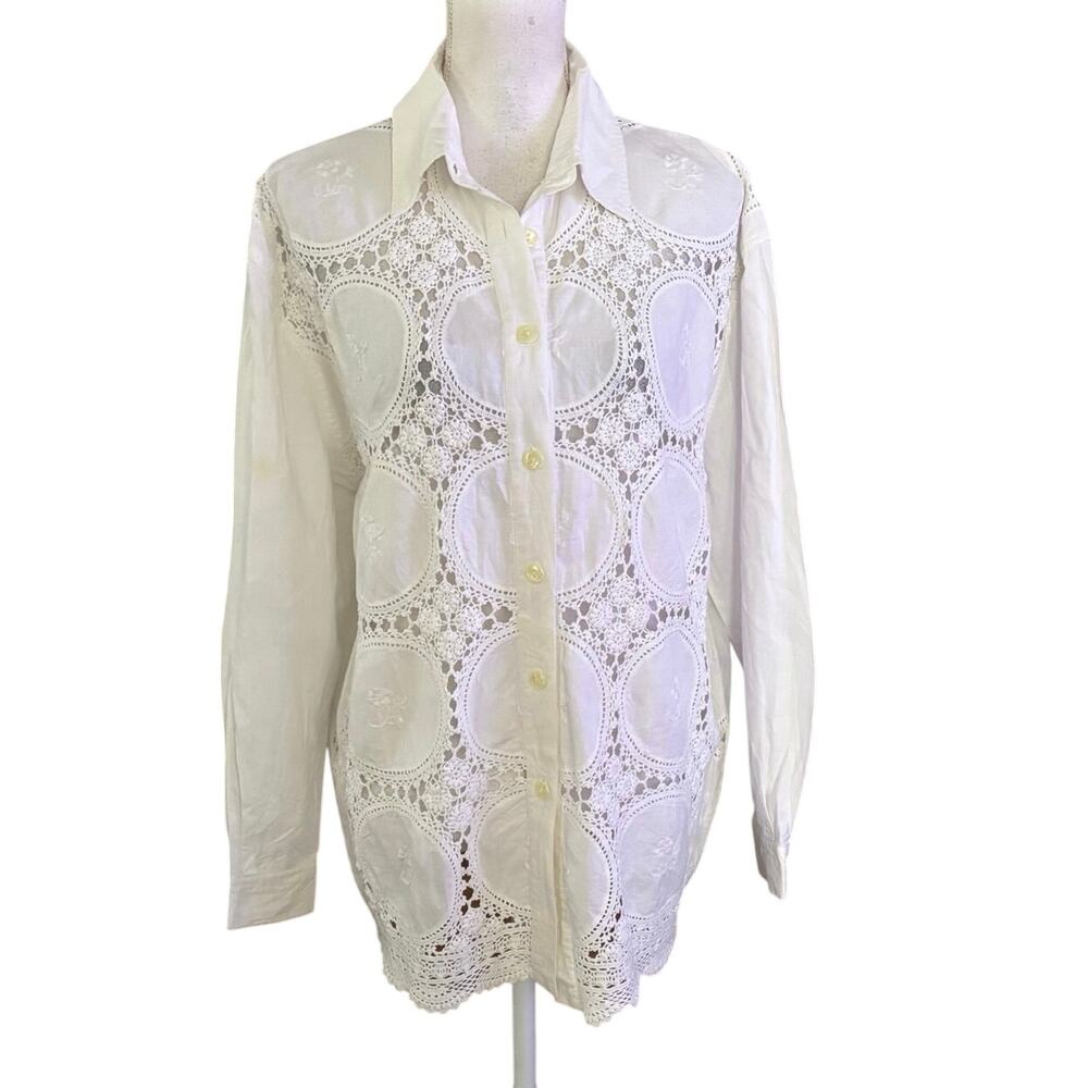 Vintage The Limited Size 16 Linen Button Front Top Blouse Crochet Lace White